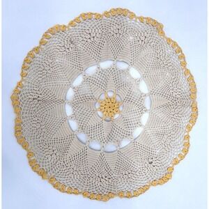 Vintage Handmade Crochet Doily 16" Beige Mustard Yellow Floral Scalloped